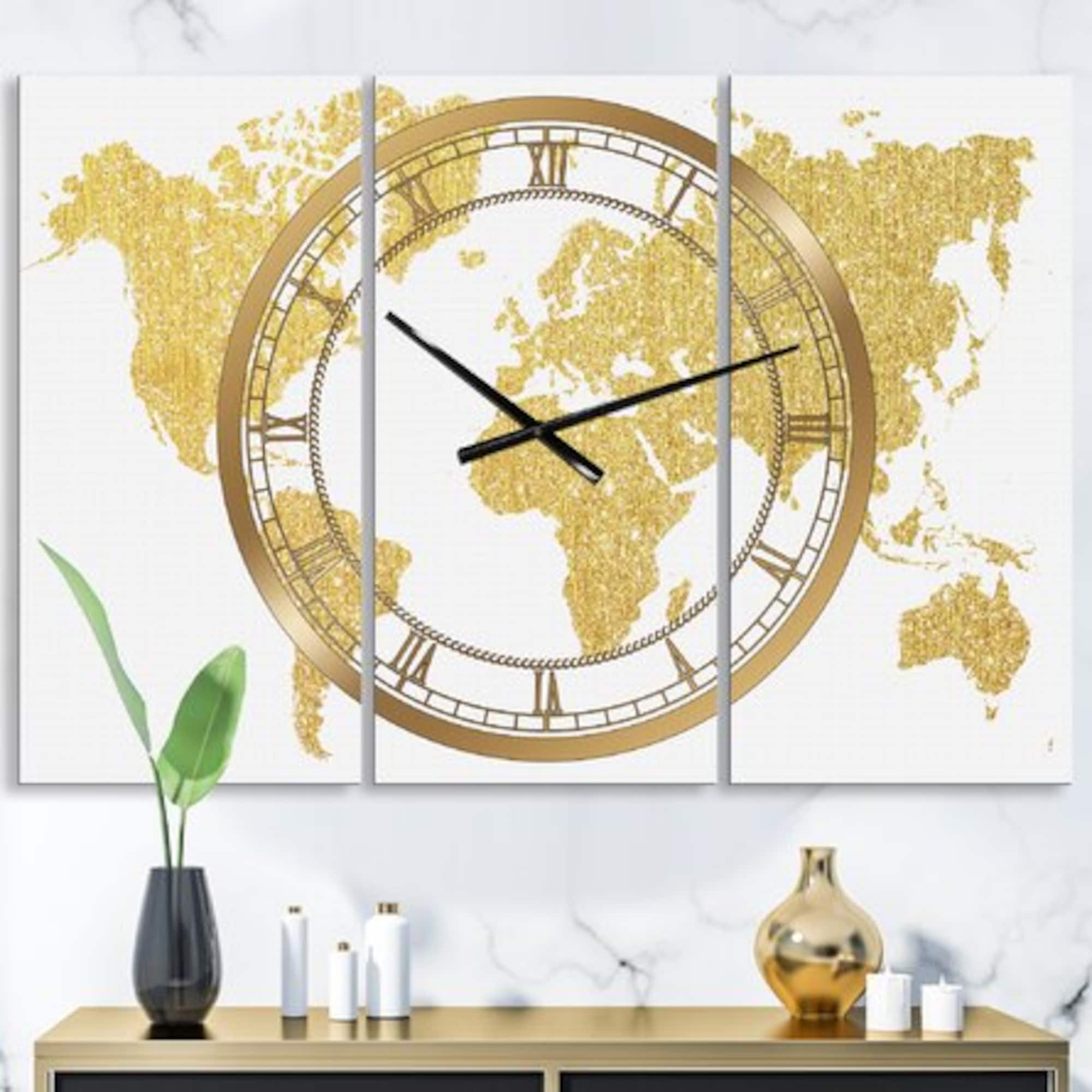 Designart Golden Map Of The Earth Fashion 3 Panel Large Wall Clock